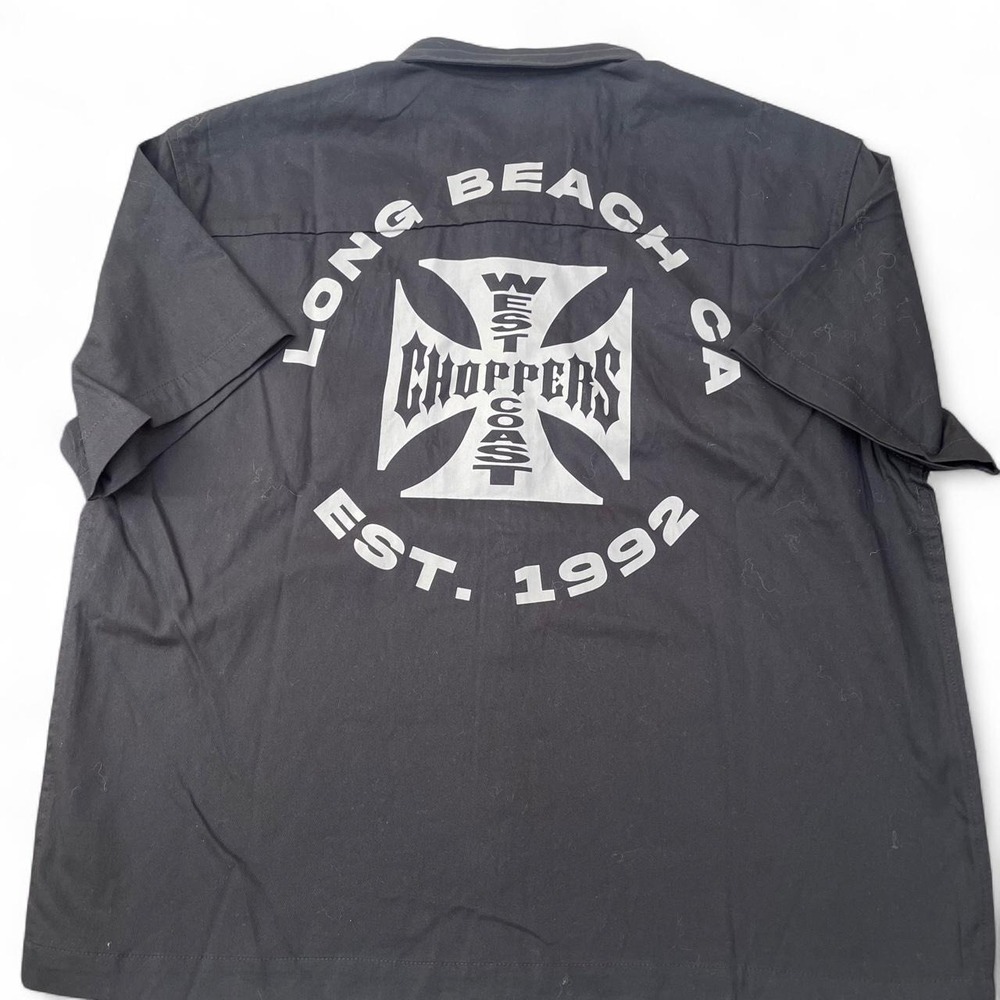 West Coast Choppers Mens Black Work Shirt Long Beach CA Iron Cross Logo Large